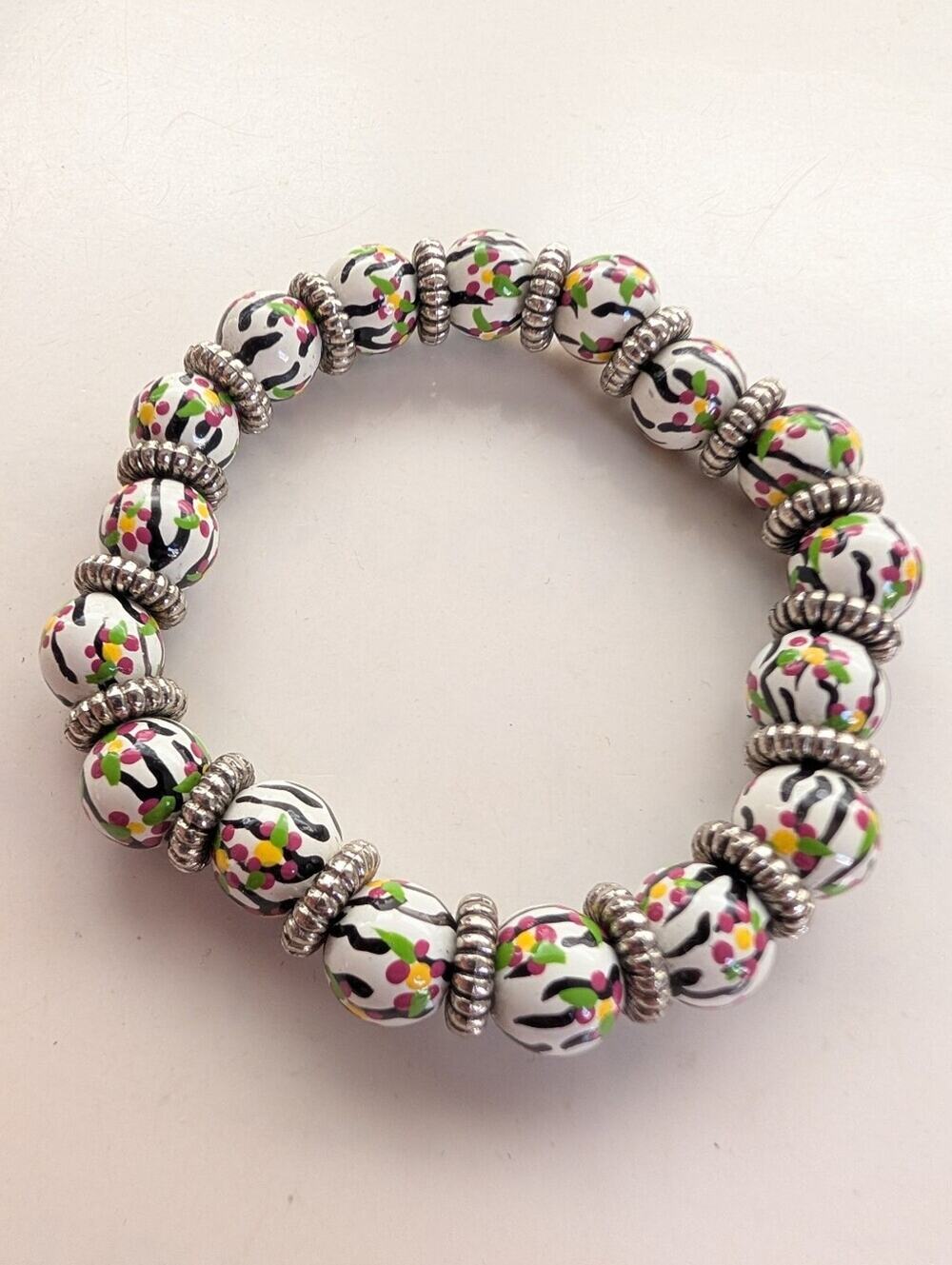 Vintage Y2K 2000s Cottagecore Animal Floral Print Wood Beaded Stretch Bracelet